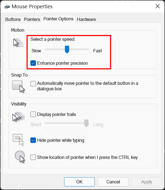 Click on the Pointer Options tab and move the Select a pointer speed slider to the left 